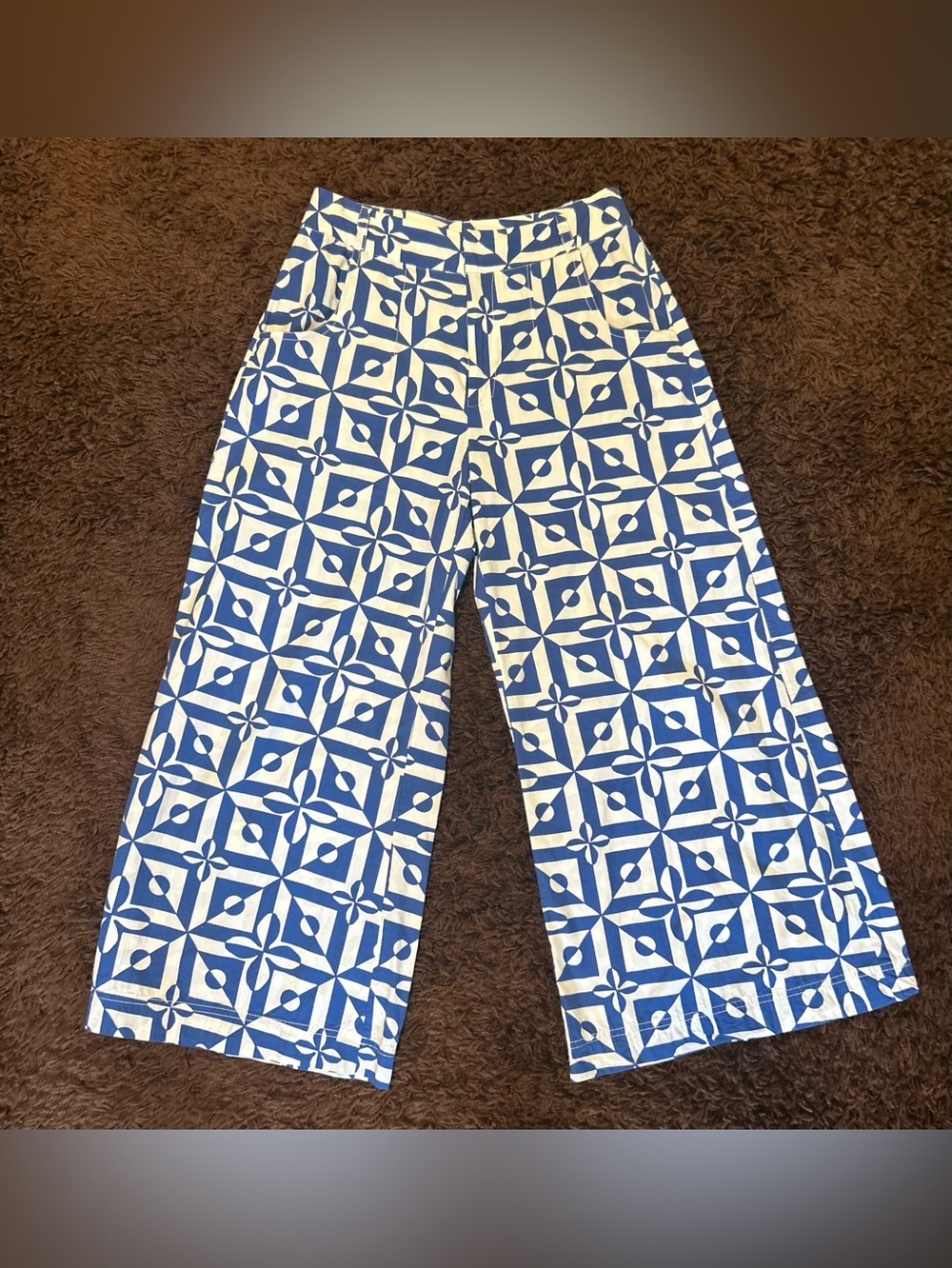 Free People Blue and White Geometric Wide Leg Pants